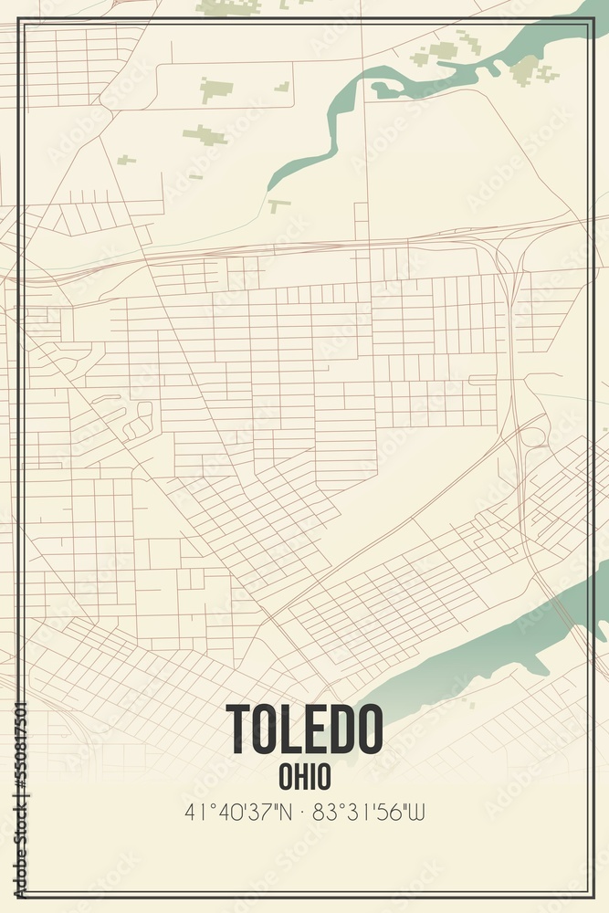 Retro US city map of Toledo, Ohio. Vintage street map.