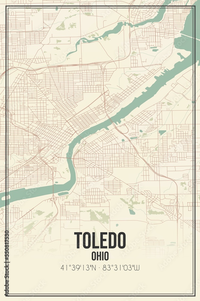 Retro US city map of Toledo, Ohio. Vintage street map. - obrazy, fototapety, plakaty 