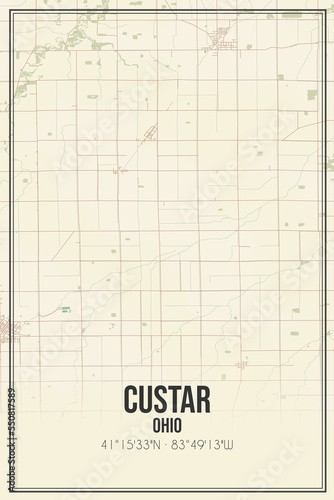 Retro US city map of Custar, Ohio. Vintage street map.
