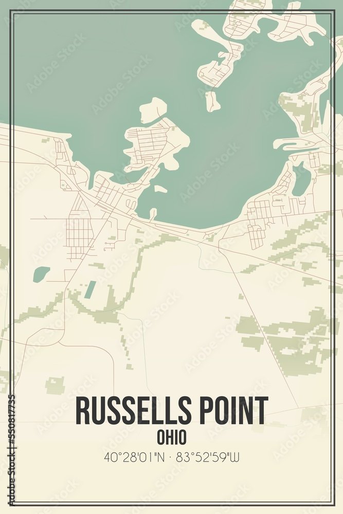 Obraz premium Retro US city map of Russells Point, Ohio. Vintage street map.