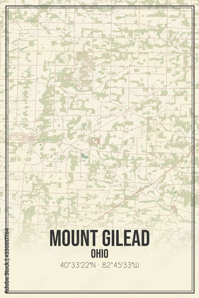 Retro US city map of Mount Gilead, Ohio. Vintage street map.