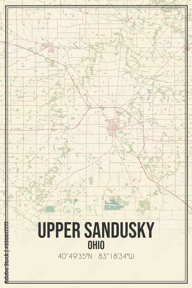 Retro US city map of Upper Sandusky, Ohio. Vintage street map.