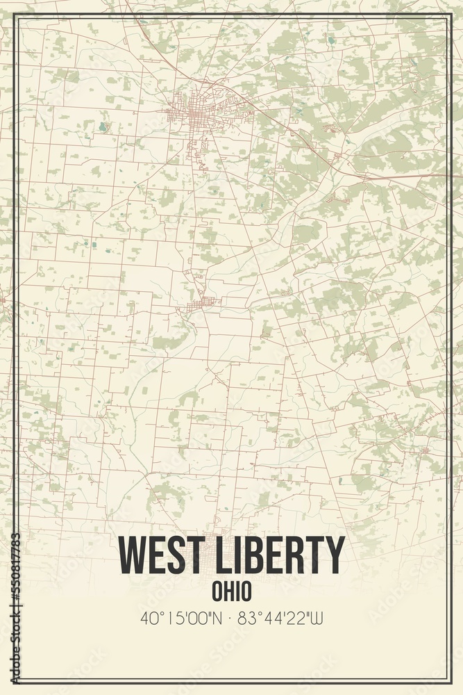 Retro US city map of West Liberty, Ohio. Vintage street map.