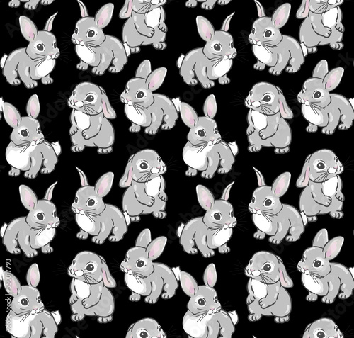 Fashion pattern digital bright floral ornament with animals cute rabbits and beautiful Easter bunnies  wallpaper pattern emitting  brush strokes  painting  feminine and delicate design on black.
