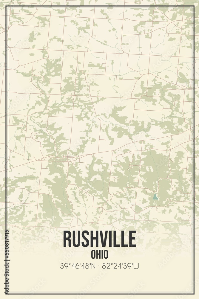 Retro US city map of Rushville, Ohio. Vintage street map.