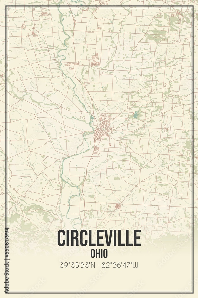 Retro US city map of Circleville, Ohio. Vintage street map.
