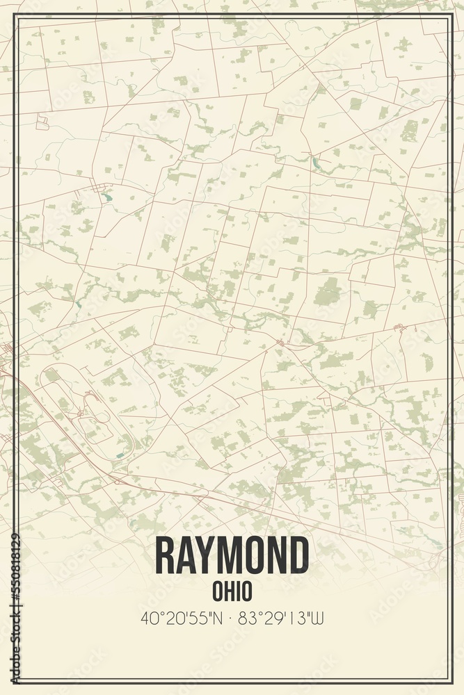 Retro US city map of Raymond, Ohio. Vintage street map.