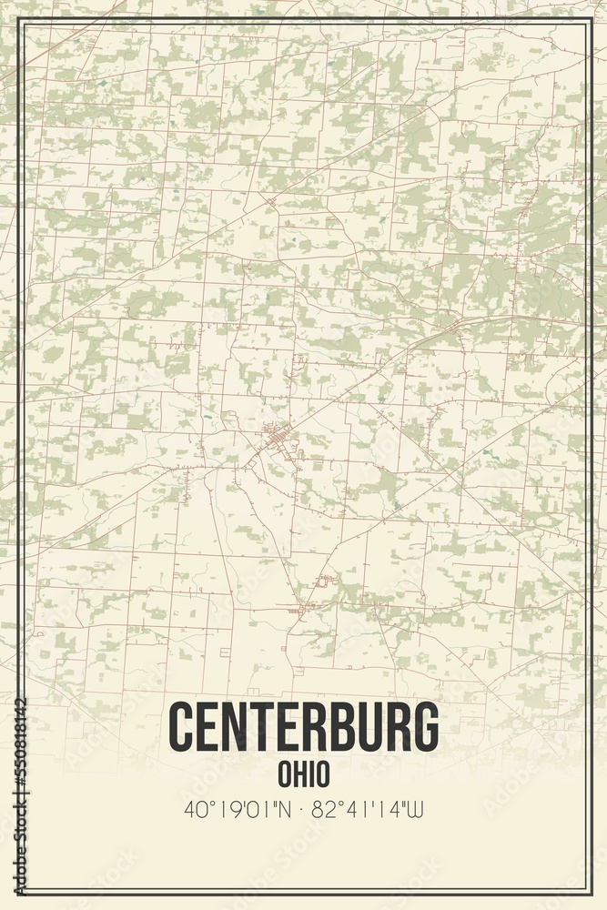 Retro US city map of Centerburg, Ohio. Vintage street map.