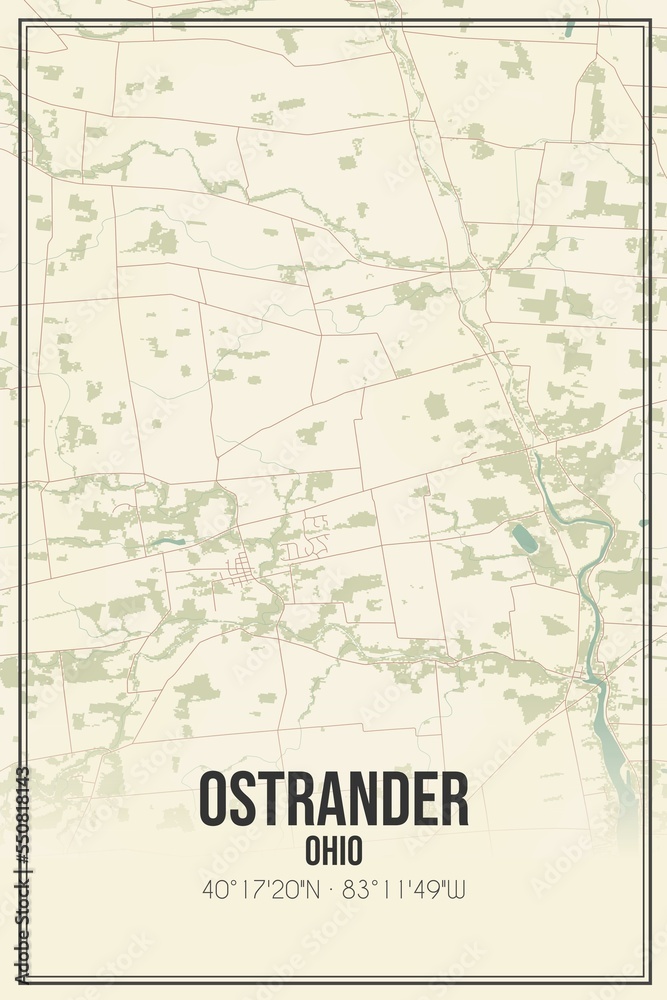 Retro US city map of Ostrander, Ohio. Vintage street map.
