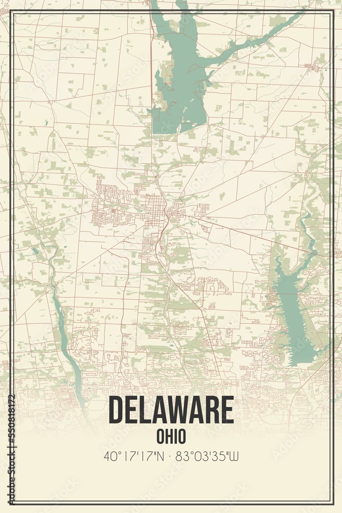 Retro US city map of Delaware, Ohio. Vintage street map.