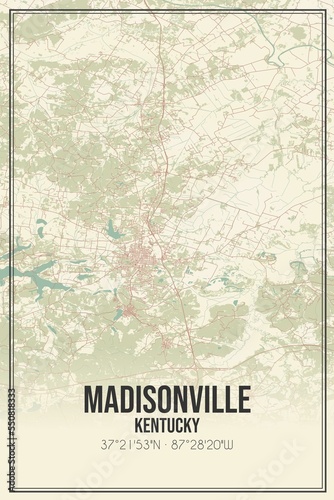 Retro US city map of Madisonville, Kentucky. Vintage street map. photo