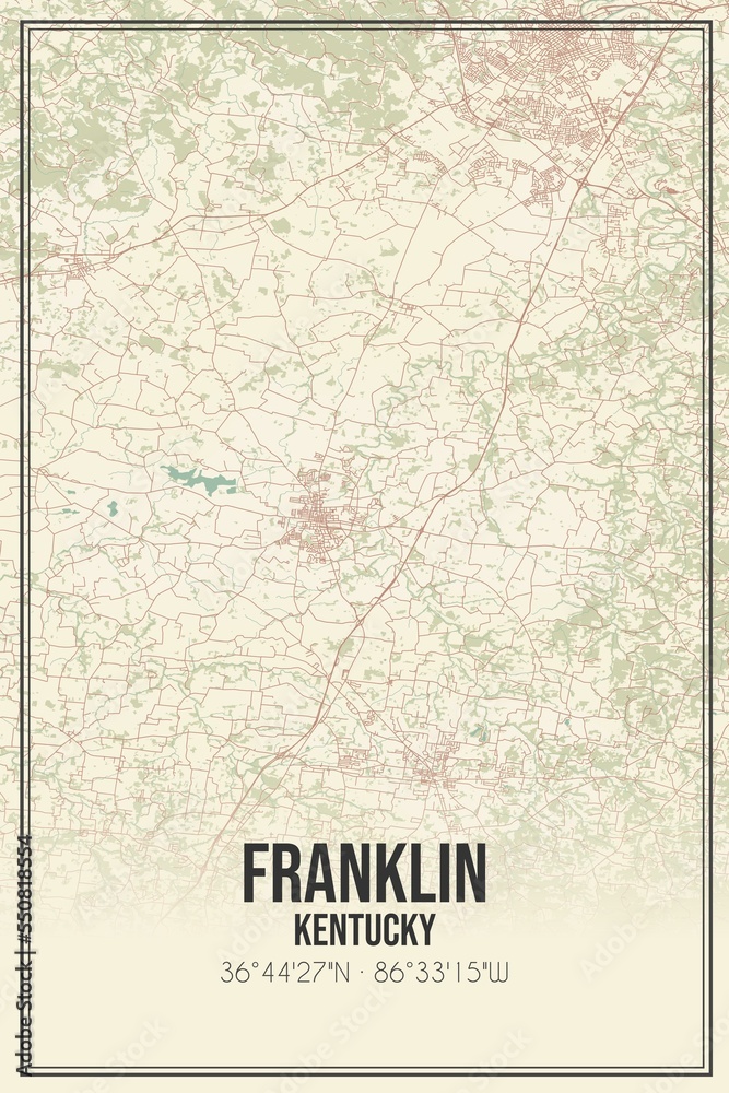 Retro US city map of Franklin, Kentucky. Vintage street map.