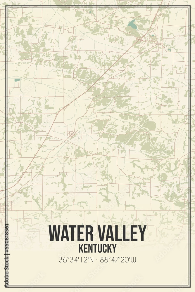 Retro US city map of Water Valley, Kentucky. Vintage street map.