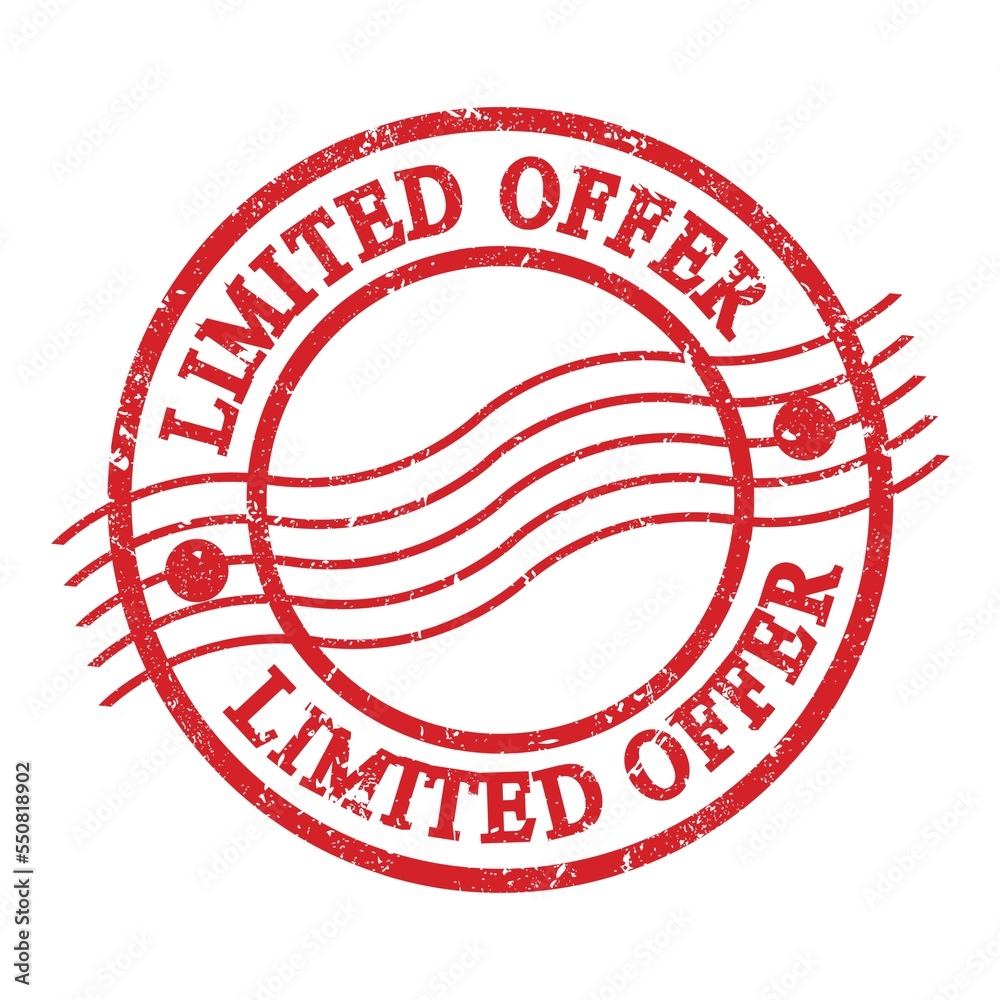 LIMITED OFFER, text written on red postal stamp. LIMITED OFFER, text written on red postal stamp.