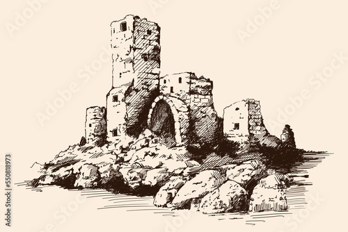 A quick pencil sketch of a medieval stone castle with towers and arches on a rocky seashore.