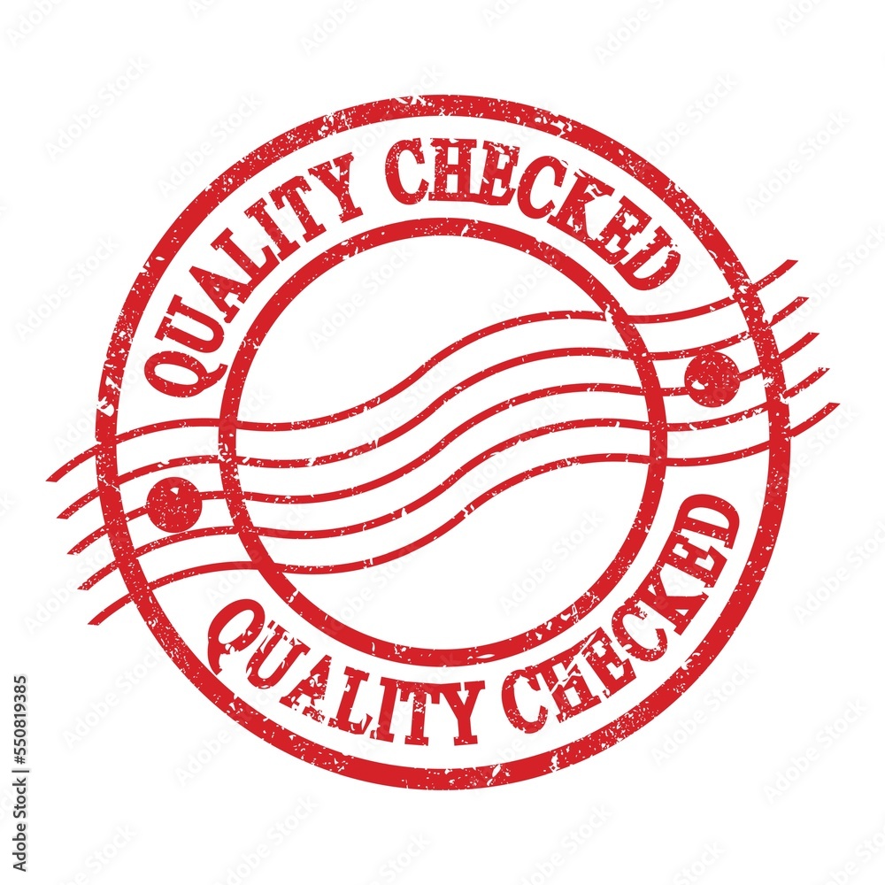 QUALITY CHECKED, text written on red postal stamp. QUALITY CHECKED, text written on red postal stamp.