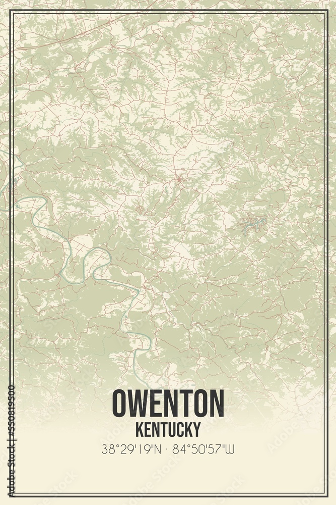 Retro US city map of Owenton, Kentucky. Vintage street map.
