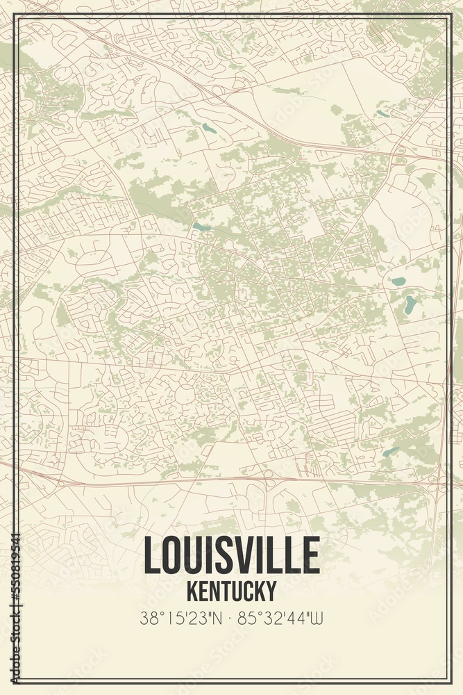 Retro US city map of Louisville, Kentucky. Vintage street map.