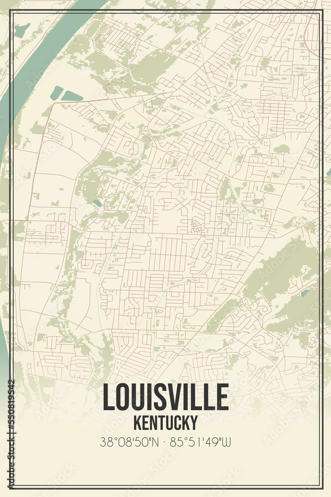 Retro US city map of Louisville, Kentucky. Vintage street map.