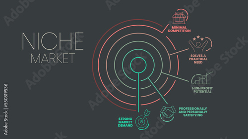 Niche Market Strategy infographic presentation template with icons such as competition, market demand, practical need, high profit potential, professionally and personally satisfying. Business Vector.