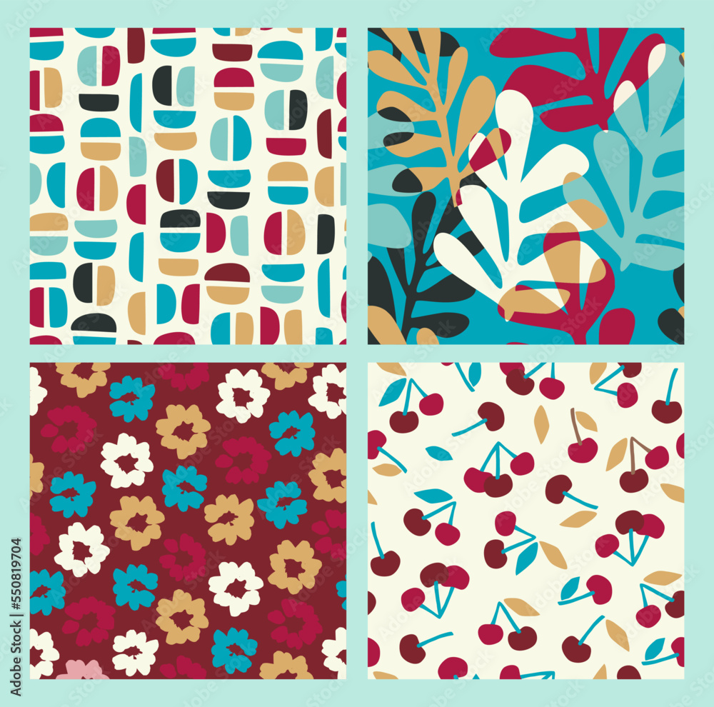 Fototapeta premium Abstract collection of seamless patterns with flowers, cherry and leaves and geometric shapes