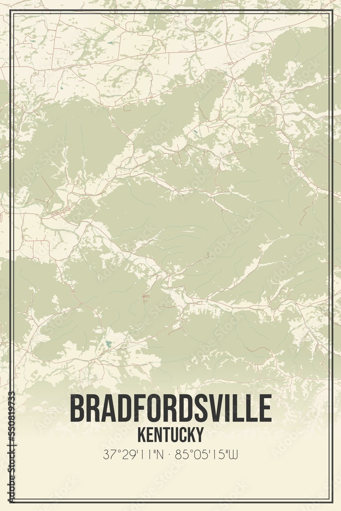 Retro US city map of Bradfordsville, Kentucky. Vintage street map.