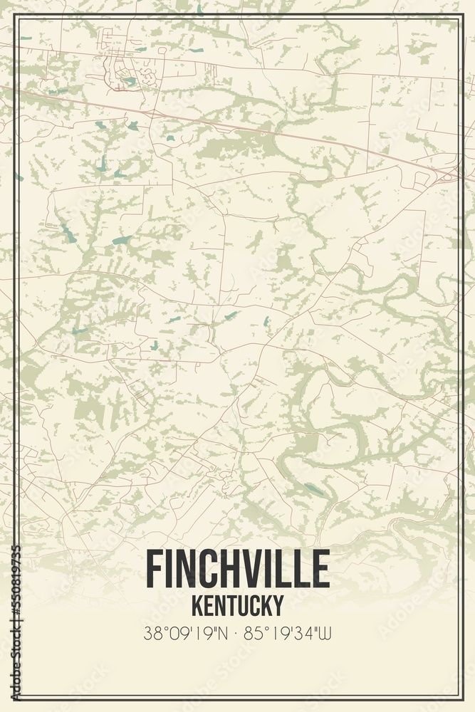 Retro US city map of Finchville, Kentucky. Vintage street map.