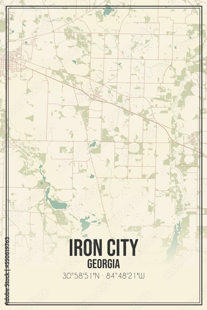 Retro US city map of Iron City, Georgia. Vintage street map.