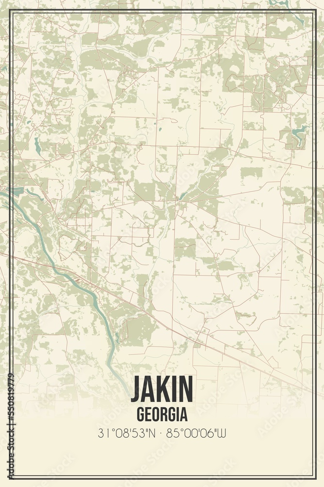 Retro US city map of Jakin, Georgia. Vintage street map.