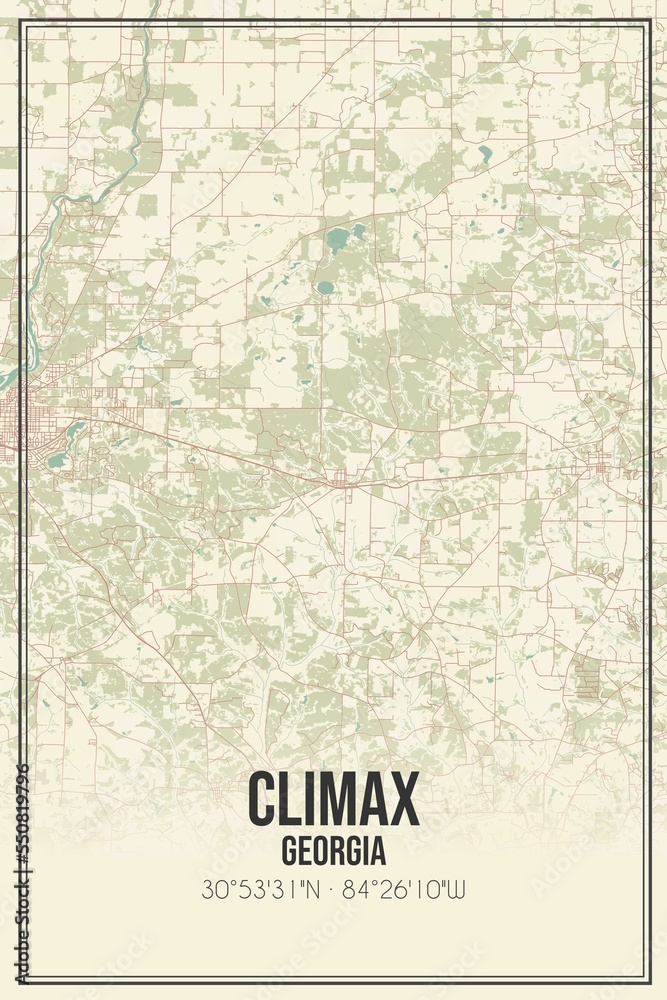 Retro US city map of Climax, Georgia. Vintage street map.