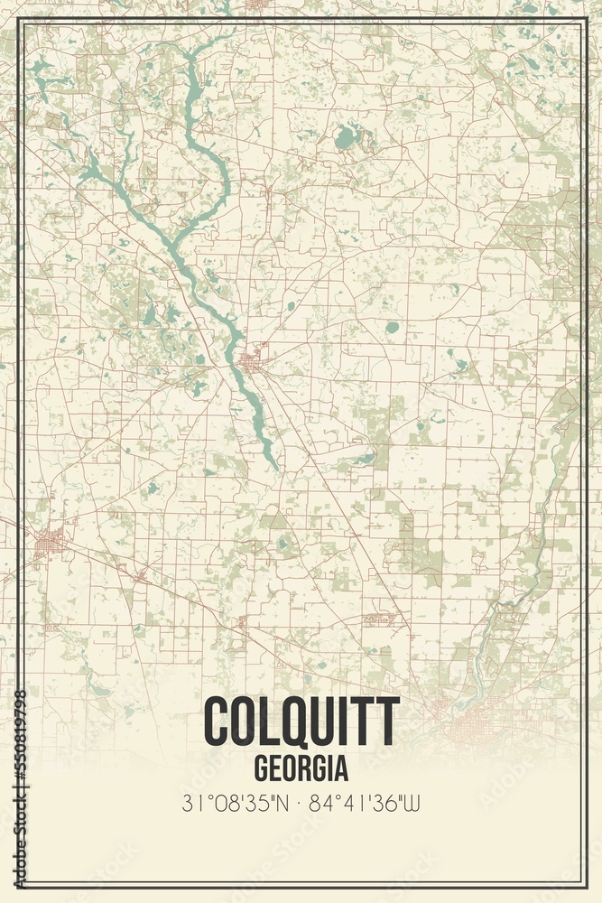 Retro US city map of Colquitt, Georgia. Vintage street map.