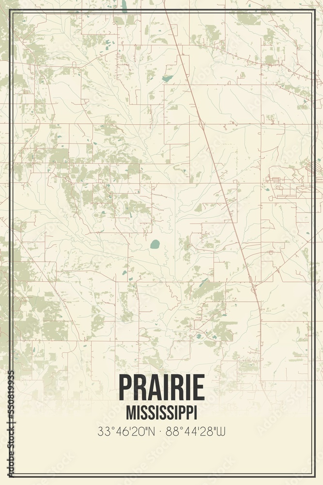 Retro US city map of Prairie, Mississippi. Vintage street map.