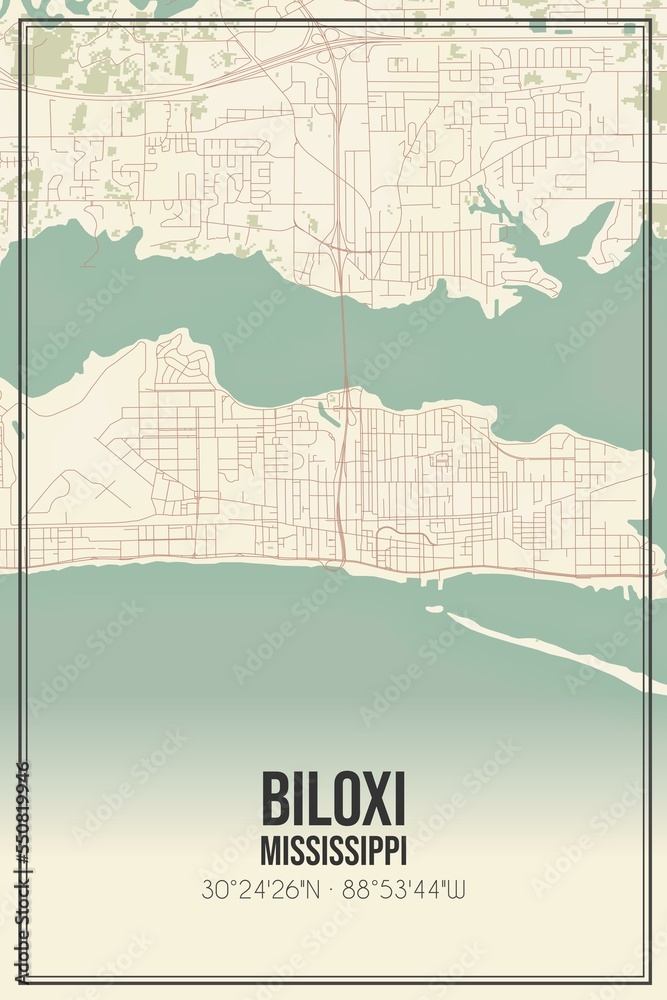 Retro US city map of Biloxi, Mississippi. Vintage street map. Stock