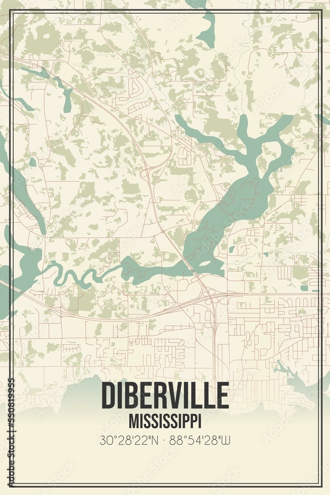 Retro US city map of Diberville, Mississippi. Vintage street map.