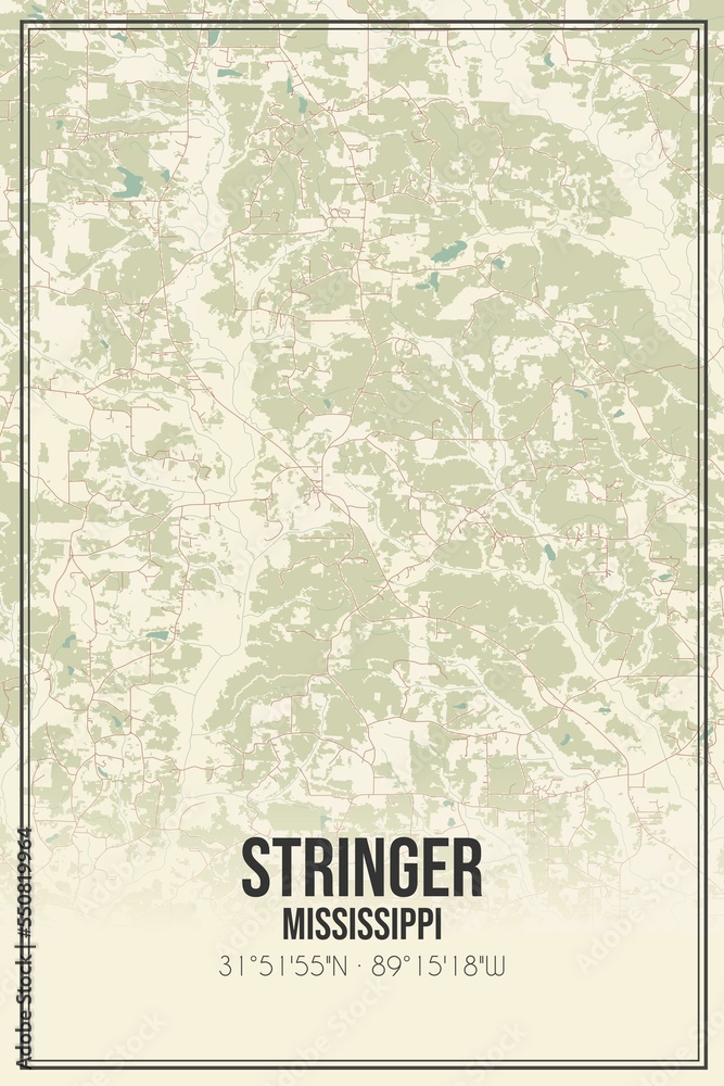 Retro US city map of Stringer, Mississippi. Vintage street map.