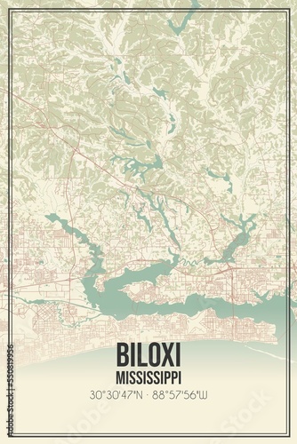 Retro US city map of Biloxi, Mississippi. Vintage street map.