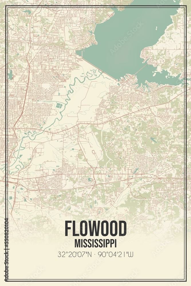 Retro US city map of Flowood, Mississippi. Vintage street map.