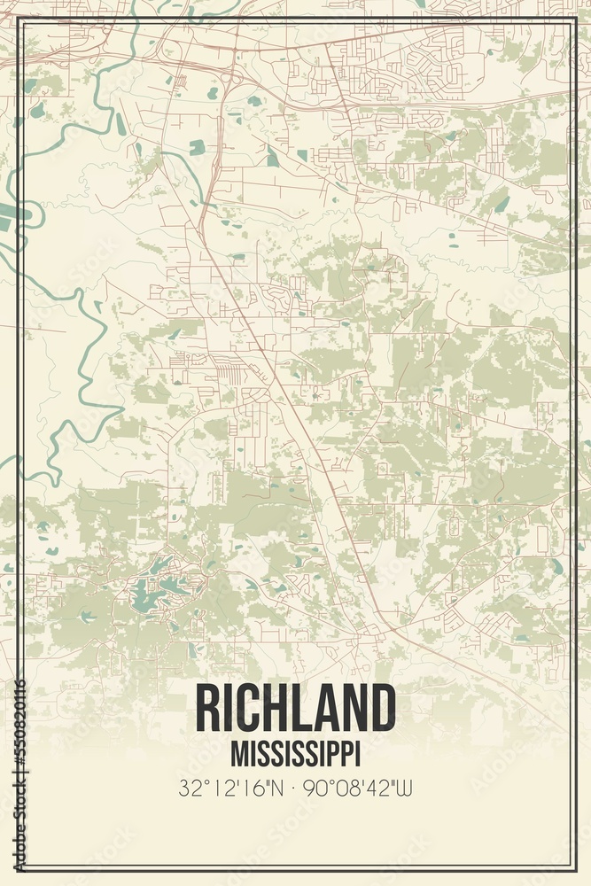 Retro US city map of Richland, Mississippi. Vintage street map.