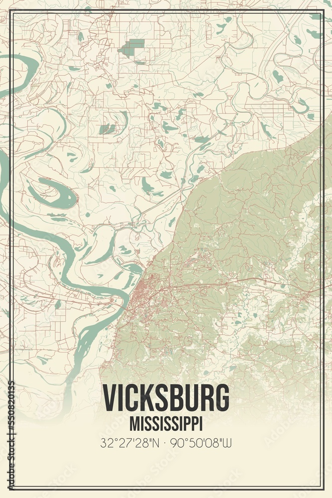 Fototapeta premium Retro US city map of Vicksburg, Mississippi. Vintage street map.