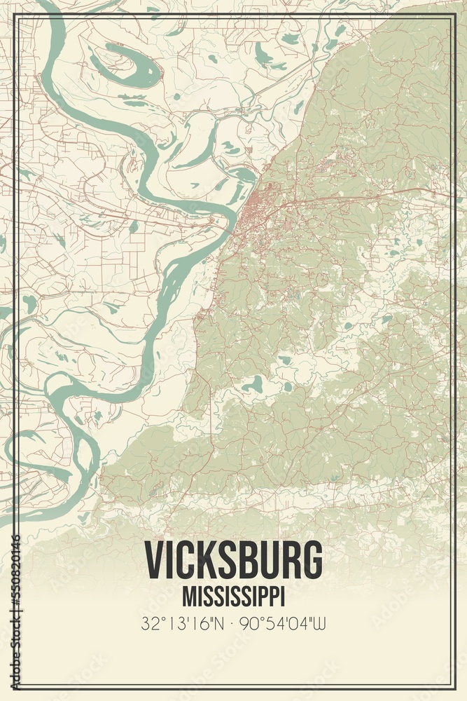 Retro US city map of Vicksburg, Mississippi. Vintage street map.