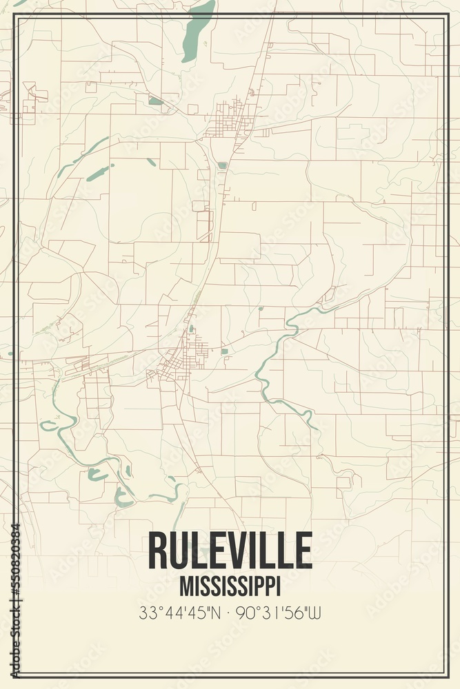 Retro US city map of Ruleville, Mississippi. Vintage street map.