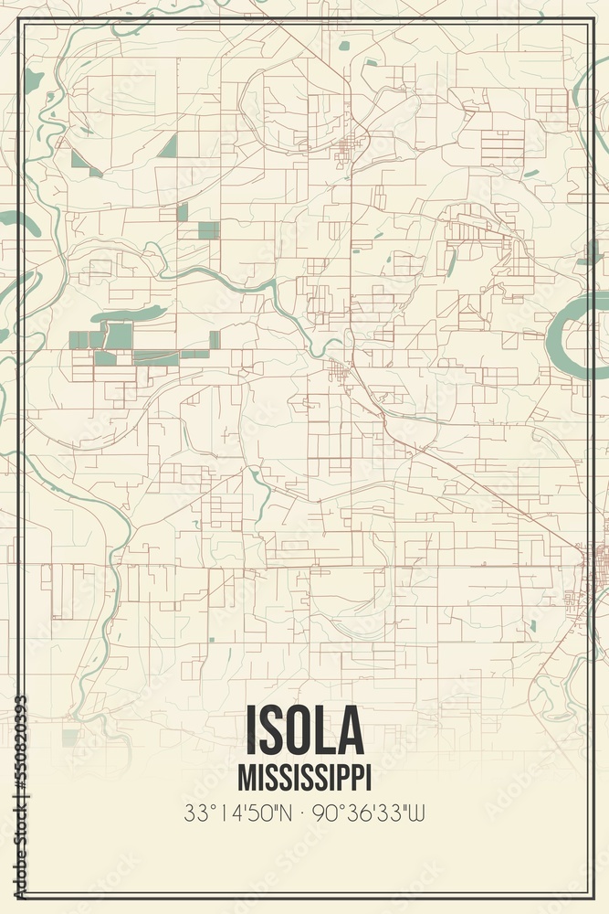 Obraz premium Retro US city map of Isola, Mississippi. Vintage street map.