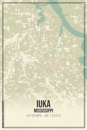 Retro US city map of Iuka, Mississippi. Vintage street map. photo