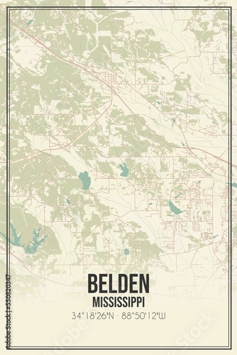 Fototapeta Naklejka Na Ścianę i Meble -  Retro US city map of Belden, Mississippi. Vintage street map.