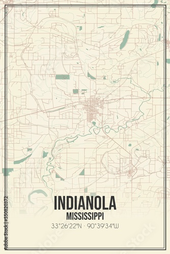 Retro US city map of Indianola  Mississippi. Vintage street map.