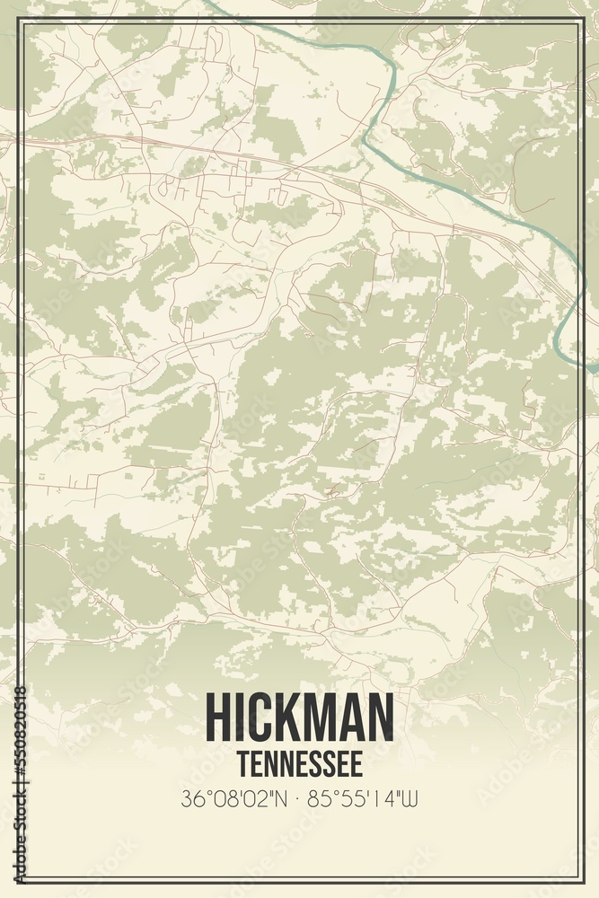 Retro US city map of Hickman, Tennessee. Vintage street map.