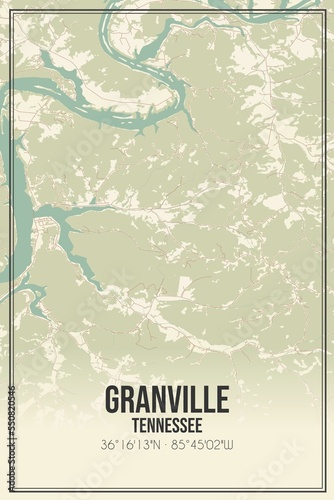 Retro US city map of Granville  Tennessee. Vintage street map.