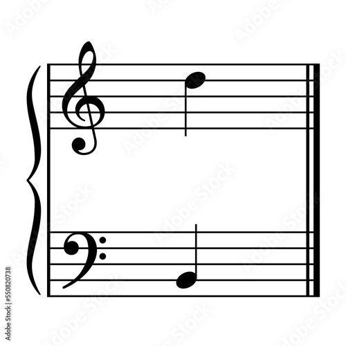 Musical grand staff template with treble and bass clefs and notes example.