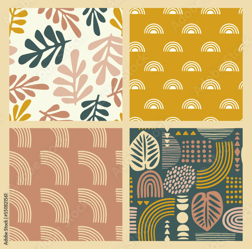 Artistic seamless patterns with abstract leaves and geometric shapes. Modern vector design