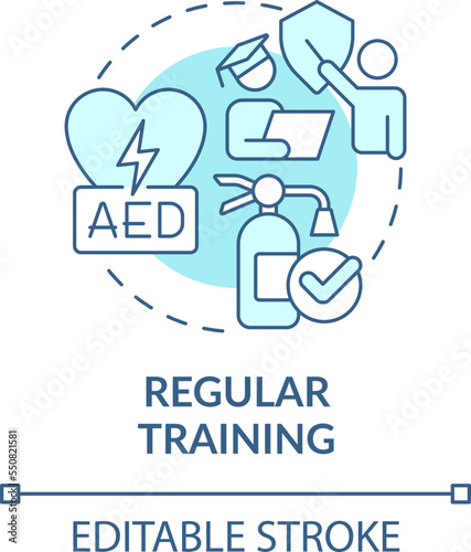 Regular training turquoise concept icon. AED kit. Avoiding worker injuries tip abstract idea thin line illustration. Isolated outline drawing. Editable stroke. Arial, Myriad Pro-Bold fonts used